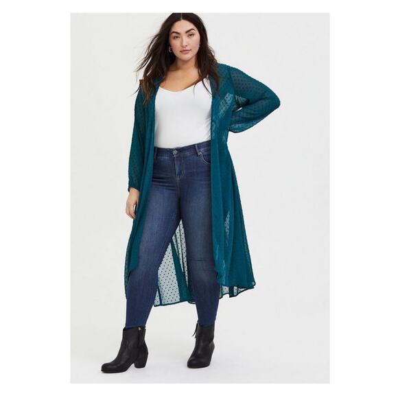 Torrid Teal Green Clip Dot Chiffon Kimono Sz.0 - Picture 1 of 15